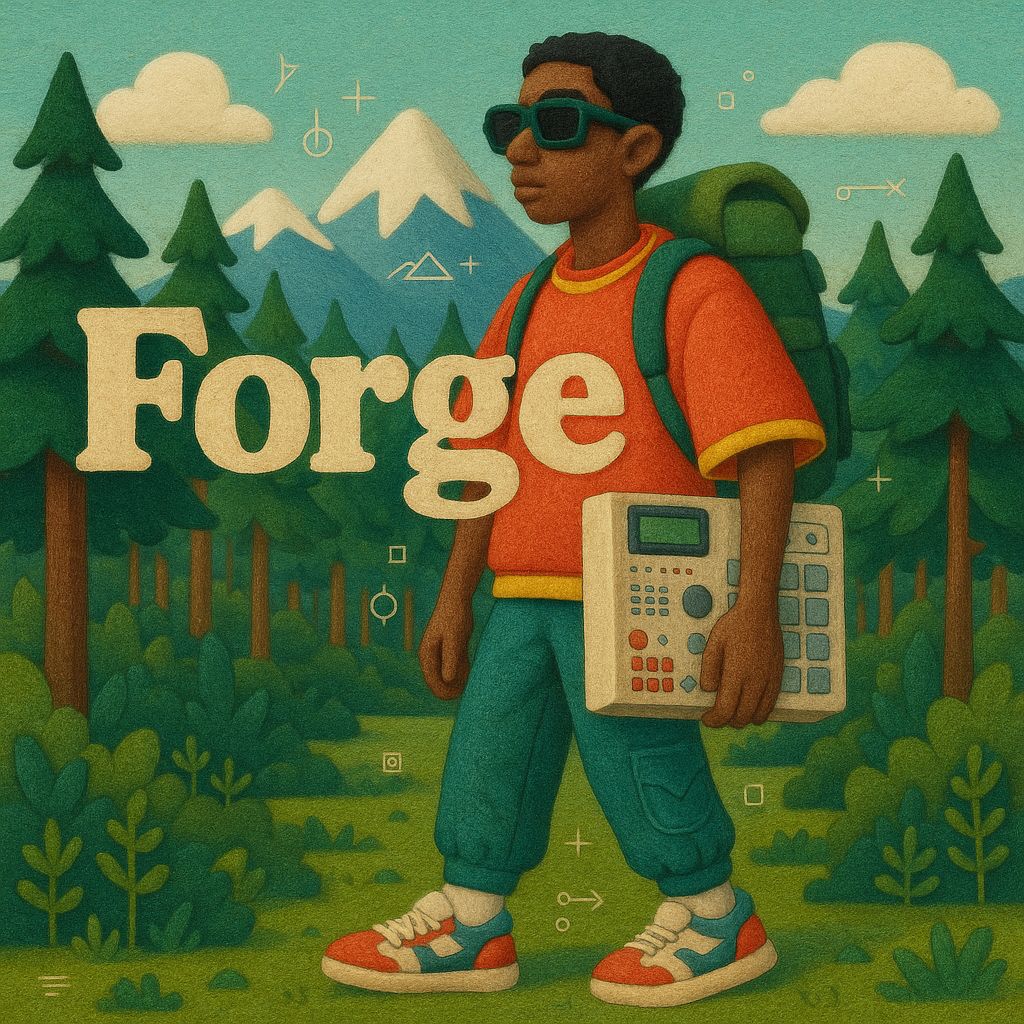 Beatmaker stands in a bold, cinematic scene with “Forge” displayed, representing creativity and music production for the We Make Beats Over Here brand.